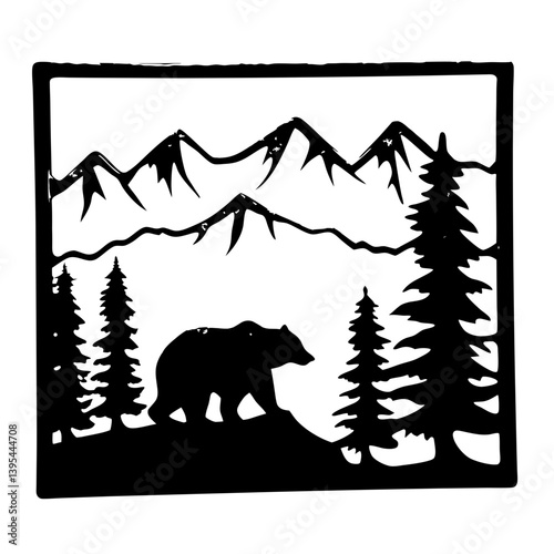Majestic Mountain Bear Silhouette Framed Artwork Black and White Nature Scene