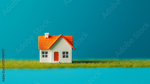 Charming miniature house set against a bright blue background, creating a serene and simplistic scene perfect for text overlays.
