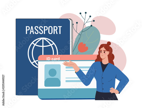 Woman holding ID card and passport. Vector illustration