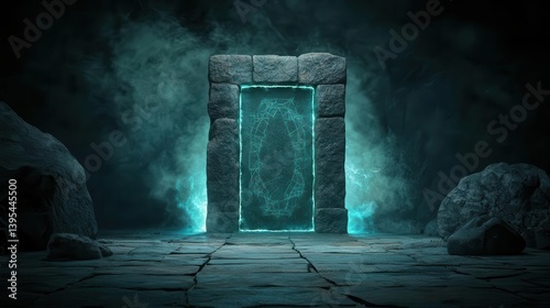 Ancient stone gateway covered in glowing runes, pulsating with arcane power, opening to another dimension