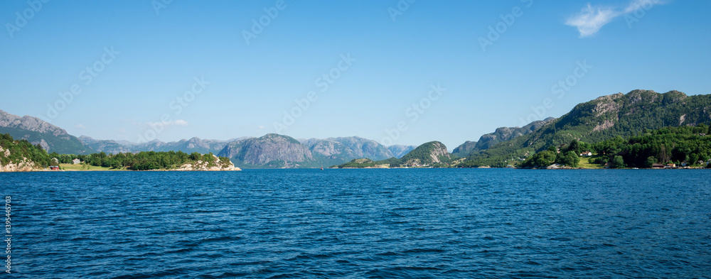Remote View of Lysefjord Entrance Surrounded by Mountains, Stavanger, Norway, June 2018