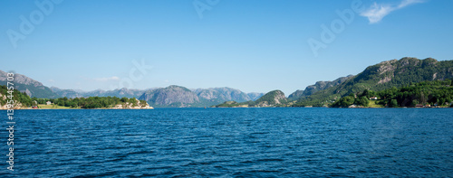 Obraz na płótnie Remote View of Lysefjord Entrance Surrounded by Mountains, Stavanger, Norway, June 2018 w salonie