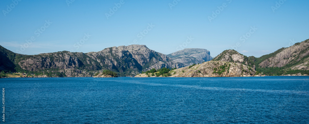 Panoramic View of Lysefjord Entrance Surrounded by Rocky Mountains, Norway, June 2018