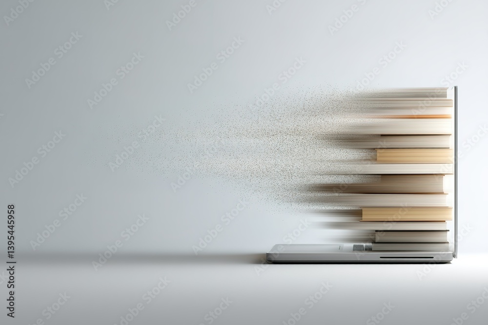 Creating knowledge through technology as books transform into digital data in a creative representation