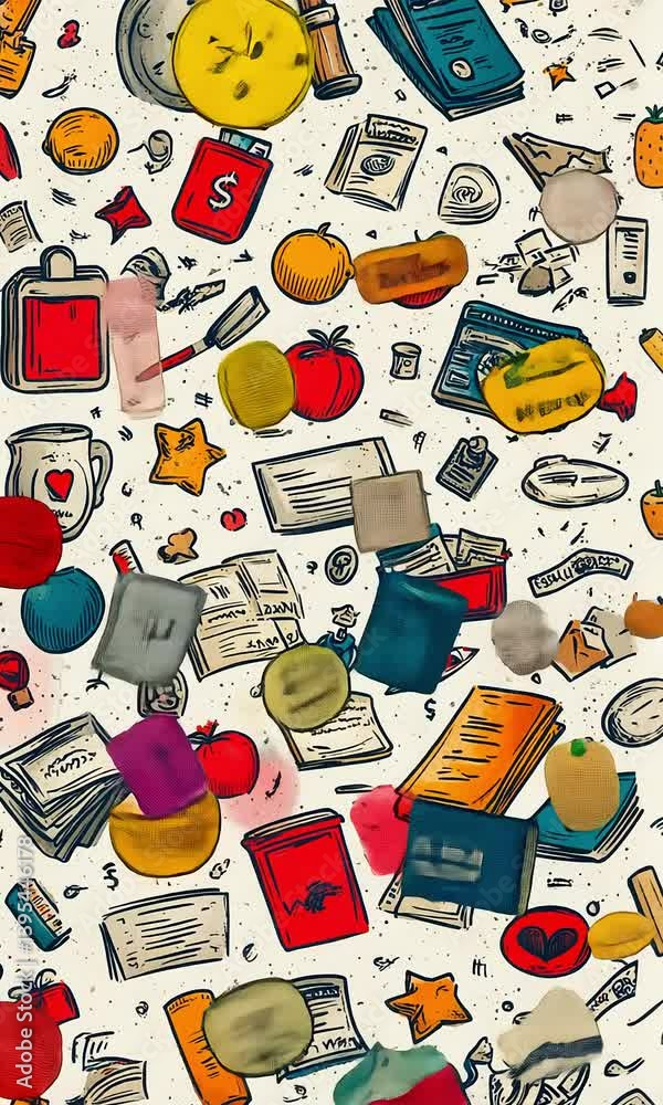A colorful, playful pattern of everyday objects
