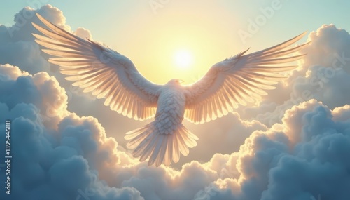 Giant white wings emerge from fluffy clouds, backlit by sun , clouds, fluffy, fantasy