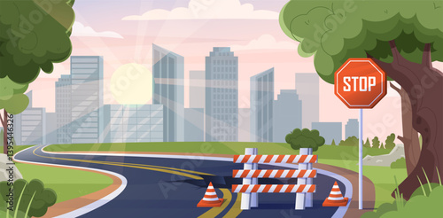 Roadblock near city skyline at sunrise. Vector illustration