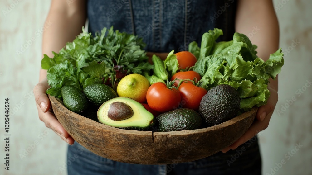 Fototapeta premium Person holding a wooden bowl full of fresh and colorful vegetables.