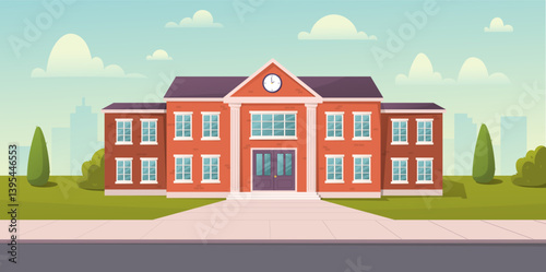 Red brick school building front view. Vector illustration