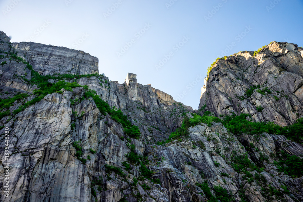 A View to Preikestolen and Surrounding Rocky Cliffs From Lysefjord Fjord, Stavanger, Norway, June 2018