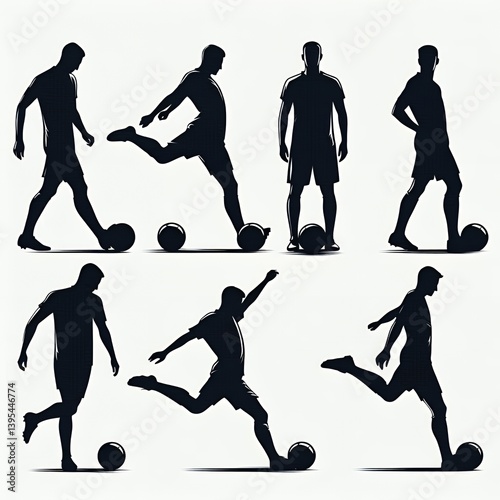 silhouette Playing football ,different pose,alert,profile view,minimalist design,graphic illustration,clean line,caline outline,iconic,representation,vector style,solid black figure,white background