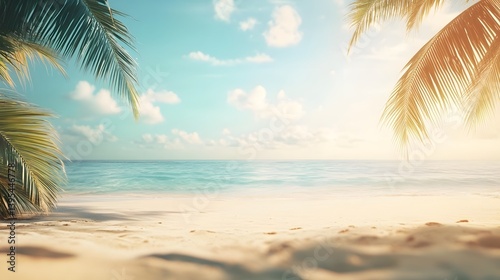 Tranquil tropical beach scene with palm trees and clear skies