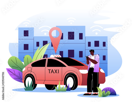 Man waiting for taxi with phone app.. Vector illustration