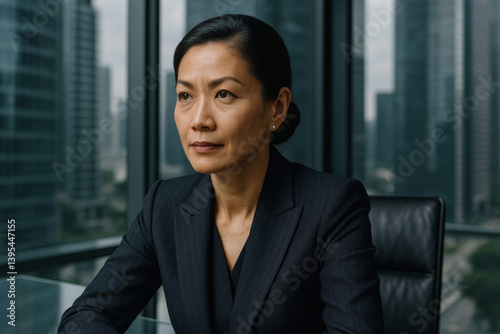 Focused Middle-Aged Woman Executive in Modern Office, Inspirational Business Leadership