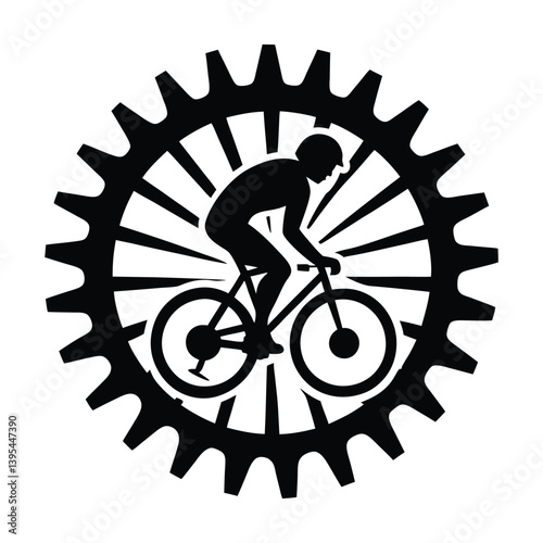 A cyclist with gears as sun rays silhouette on white background