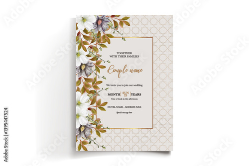 WEDDING INVITATION FRAME WITH FLOWER DECORATIONS AND FRESH LEAVES
