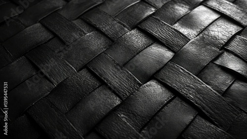 A close-up of a woven black leather texture with interlacing strips.