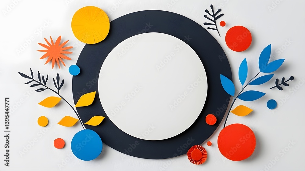 Obraz premium Vibrant and abstract circular paper cut frame featuring a composition of colorful botanical elements flowing lines and a layered three dimensional design