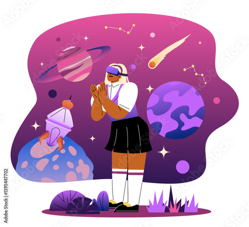 Girl exploring space with VR headset. Vector illustration