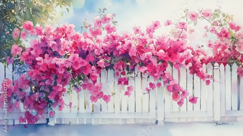 Vibrant Bougainvillea Blooming Over a White Wooden Fence