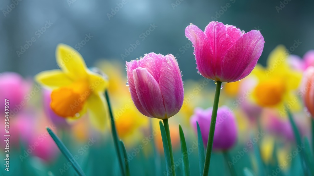 Colorful tulips and daffodils in a vibrant garden setting. Colorful tulips and daffodils in a vibrant garden setting.