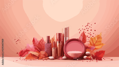 Professional Composition of Cosmetic Products with Autumn Decor for Beauty Marketing Campaigns