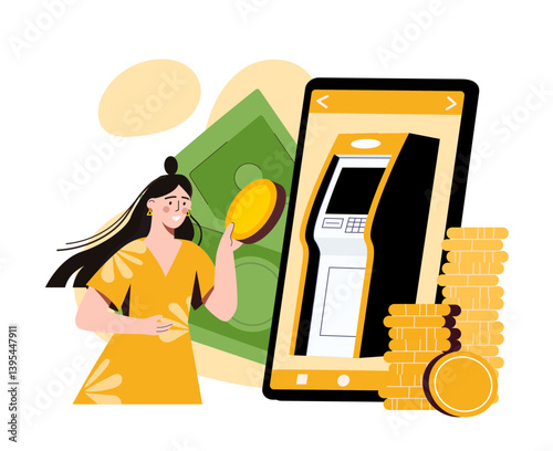 Woman using mobile ATM service concept. Vector illustration