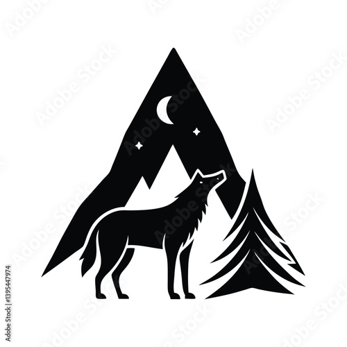 A wolf howling in front of a tent shaped mountain on white background