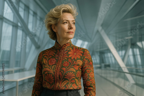 Vibrant Middle-Aged Businesswoman with Inspired Blouse, Futuristic Office Environment, Visionary Persona, Business Leadership