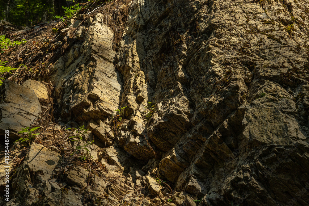 dettagli di un'antica parete rocciosa di montagna dalle sfumature di colore marrone chiaro e grigio