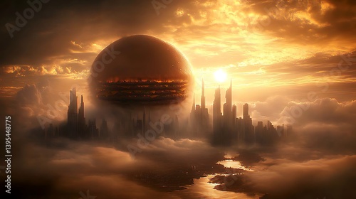 A floating city nestled within a golden, hazy atmosphere.
