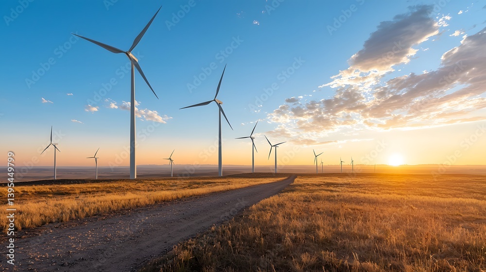 Obraz premium Rows of towering wind turbines turning in a vast open field as the sun sets casting a warm glow across the landscape