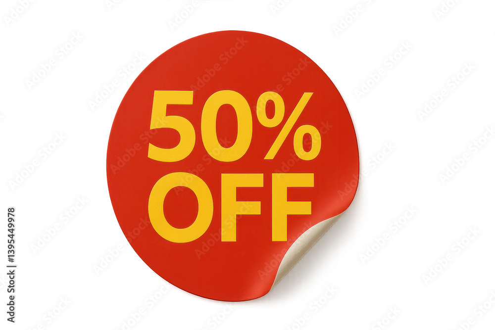 Red Round 50% Off Sticker: A visually appealing red round sticker with a curved corner prominently displays