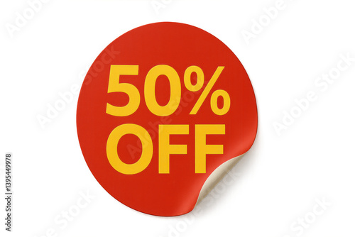 Red Round 50% Off Sticker: A visually appealing red round sticker with a curved corner prominently displays 