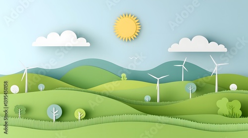 Picturesque countryside landscape with rolling green hills wind turbines harnessing renewable energy and a bright sun in a layered paper cut art style