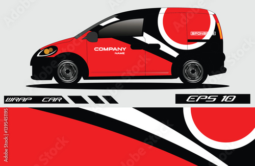 Red and black vehicle wrap design showcasing a modern delivery van with abstract patterns