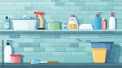 Professional Brick Wall Background with Cleaning Items and Laundry for Interior Design Projects
