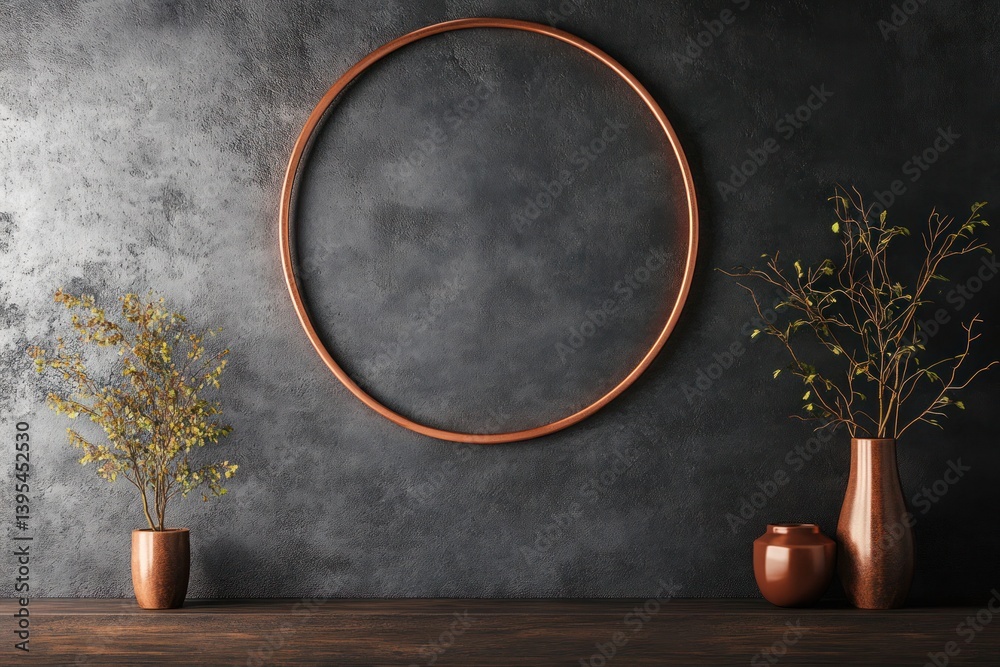 A thin metallic circular frame in copper, perfectly centered on a matte charcoal wall, adding a rich, understated elegance.