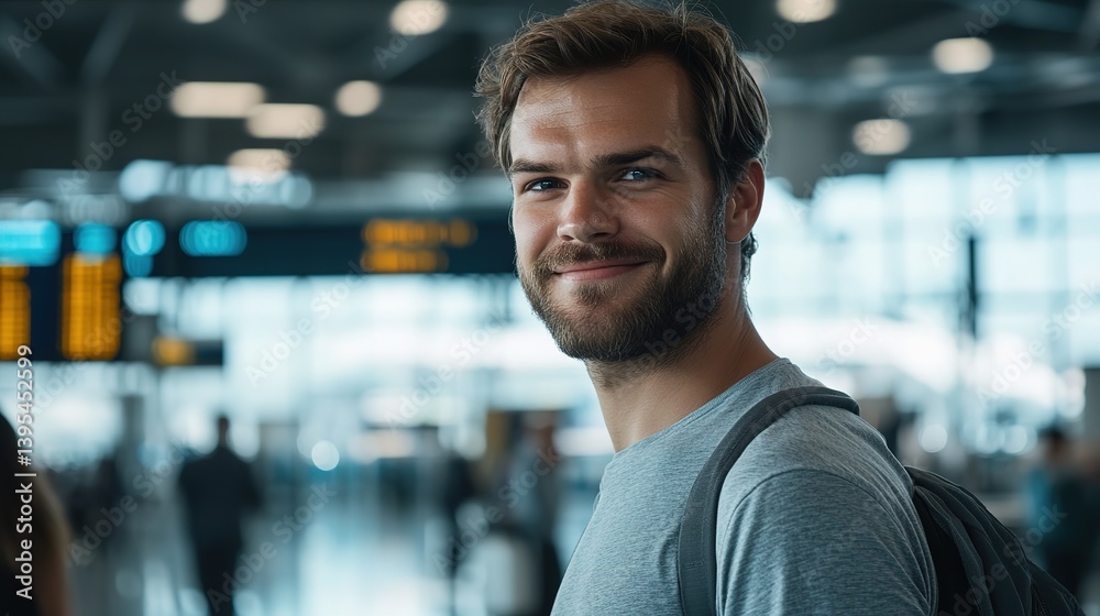 Confident man smiling in airport, exuding positivity and readiness for travel.
Confident man smiling in airport, exuding positivity and readiness for travel.