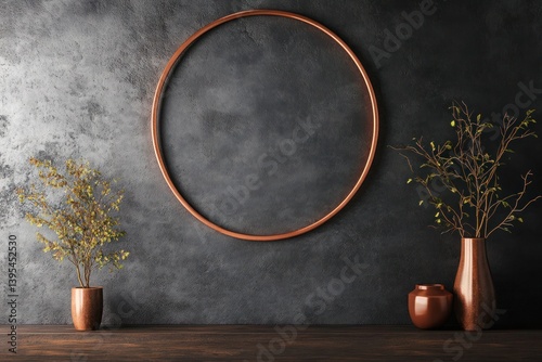 Obraz na płótnie A thin metallic circular frame in copper, perfectly centered on a matte charcoal wall, adding a rich, understated elegance. w salonie