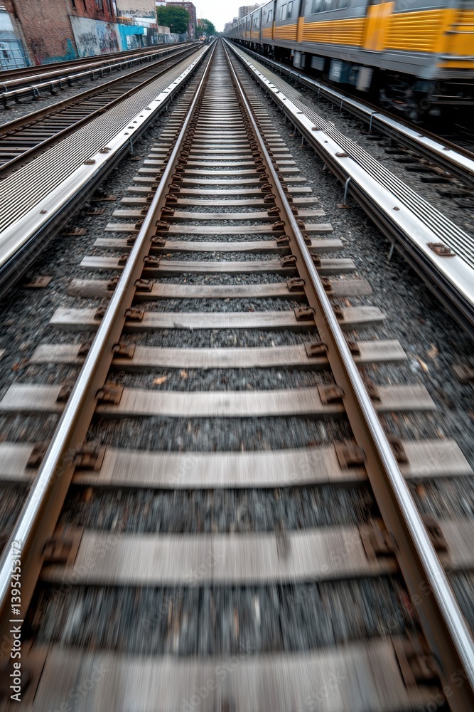High-angle, slow-motion slider shot of a train approaching Broadway Junction, steel tracks gleaming - Train travel transit architecture mechanical High-angle, slow-motion slider shot of a train approaching Broadway Junction, steel tracks gleaming - Train travel transit architecture mechanical