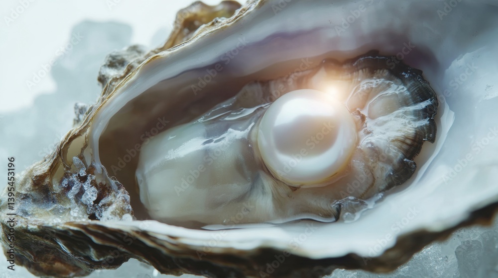 Fresh Oyster with Luminous Pearl on Ice Ready for Culinary Delights Fresh Oyster with Luminous Pearl on Ice Ready for Culinary Delights