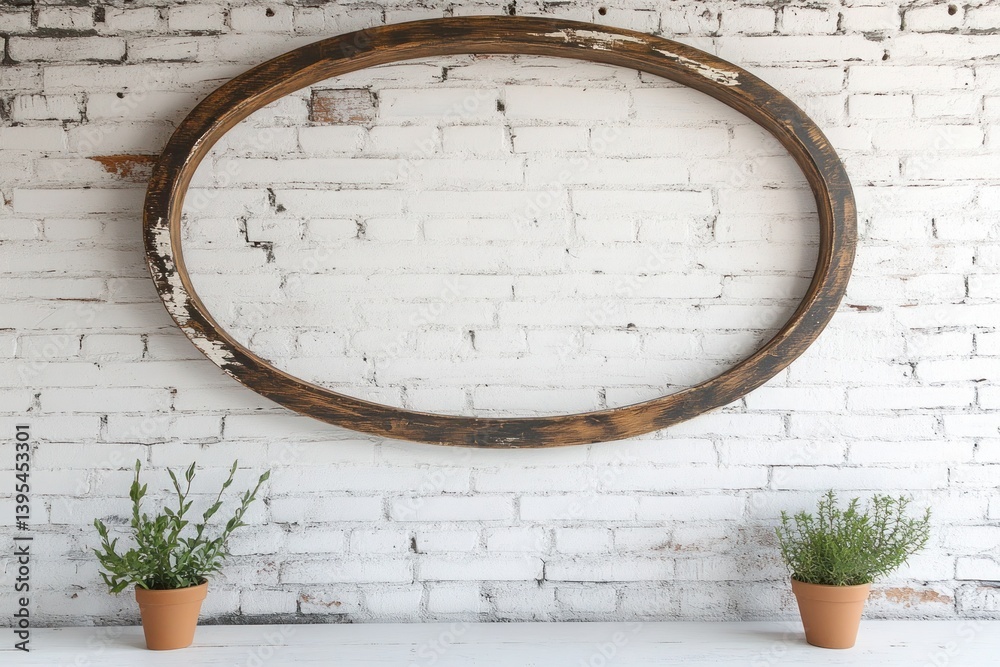 A thin oval wooden frame with a distressed finish, mounted low on a whitewashed brick wall, radiating rustic elegance.