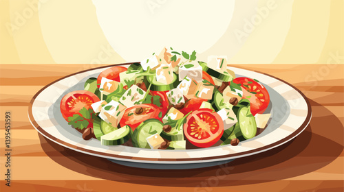 Professional Vector Illustration of a Plate with Fresh Greek Salad on Table for Culinary Designs