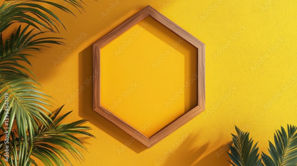 A thin polished wood frame in hexagonal shape, centered on a bright yellow wall, combining natural texture with vibrant color.