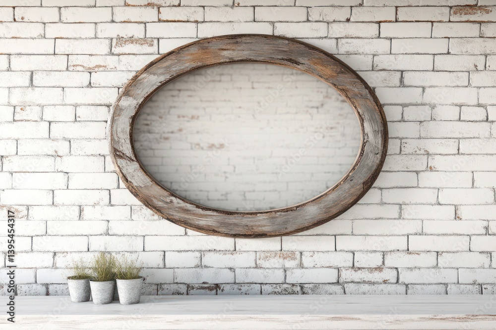 A thin oval wooden frame with a distressed finish, mounted low on a whitewashed brick wall, radiating rustic elegance.