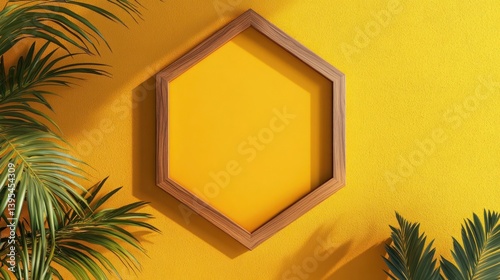 Obraz na płótnie A thin polished wood frame in hexagonal shape, centered on a bright yellow wall, combining natural texture with vibrant color. w salonie