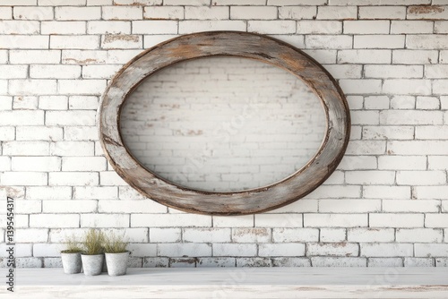 Obraz na płótnie A thin oval wooden frame with a distressed finish, mounted low on a whitewashed brick wall, radiating rustic elegance. w salonie