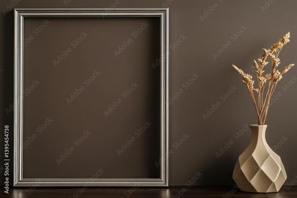 A thin silver diamond frame, placed low and to the right on a dark taupe wall, adding an unexpected and contemporary twist.