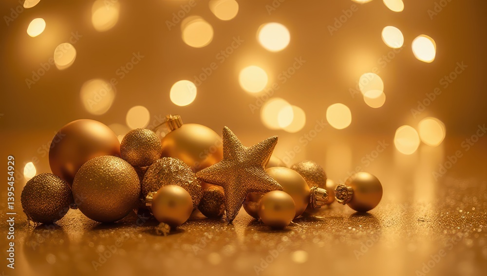 Fototapeta premium Golden Christmas Ornaments and Star on Glitter Background